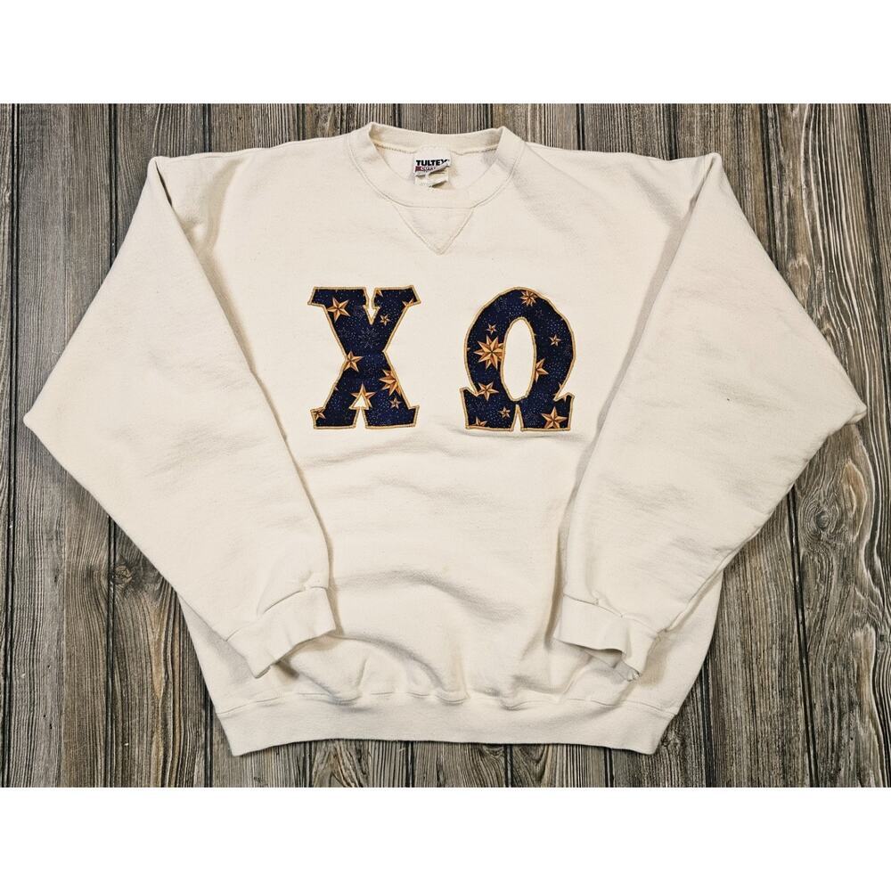Vintage Chi Omega 90s Patch Embroidered Tultex Sweatshirt Cream Colored Large